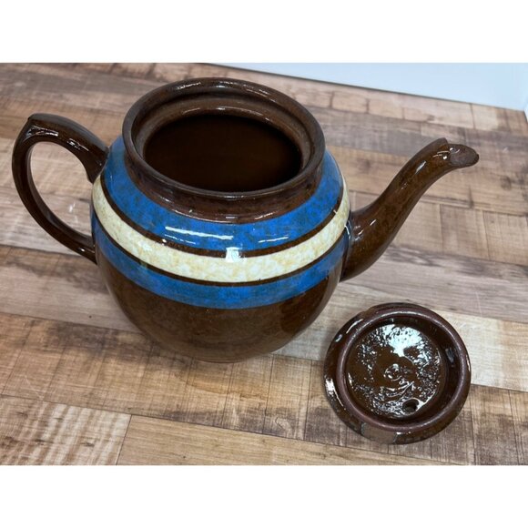 Sadler Made In England Brown Ceramic Teapot With Blue & Beige Stripes Vintage - Picture 4 of 6